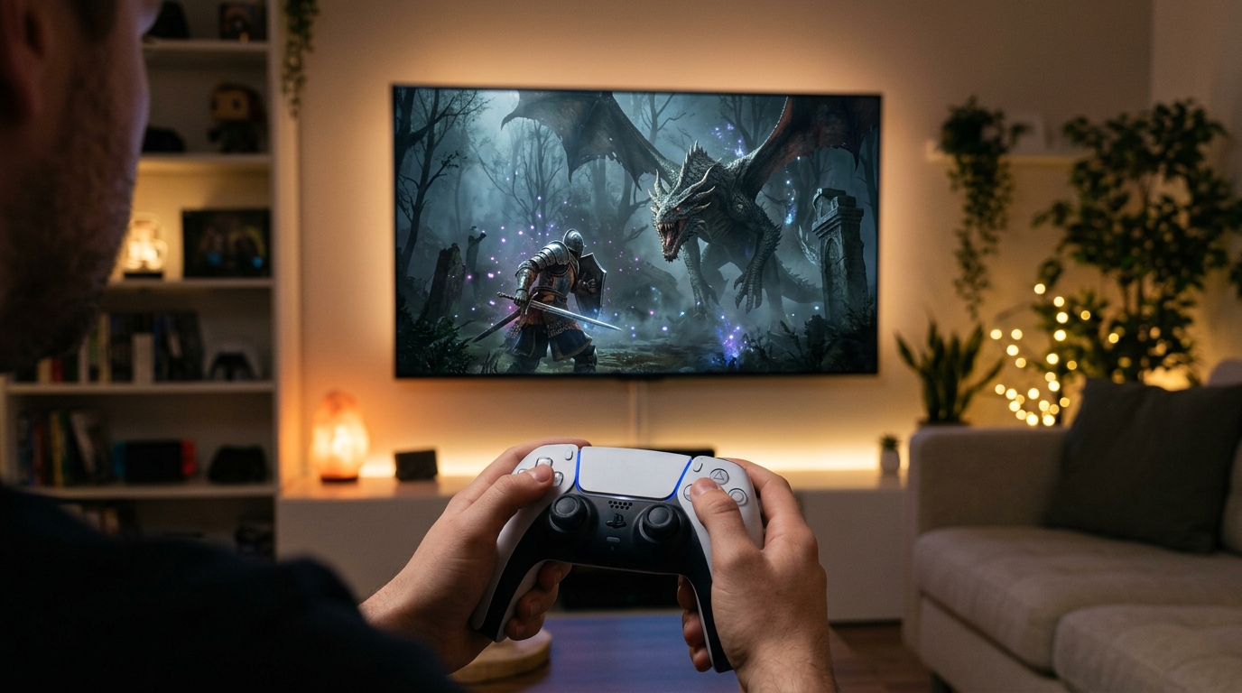 Giocatore con controller PS5 DualSense che gioca a un videogame dark fantasy