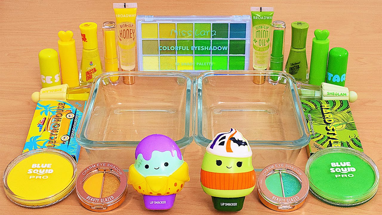 Yellow vs Green – Mixing Makeup Eyeshadow Into Slime ASMR