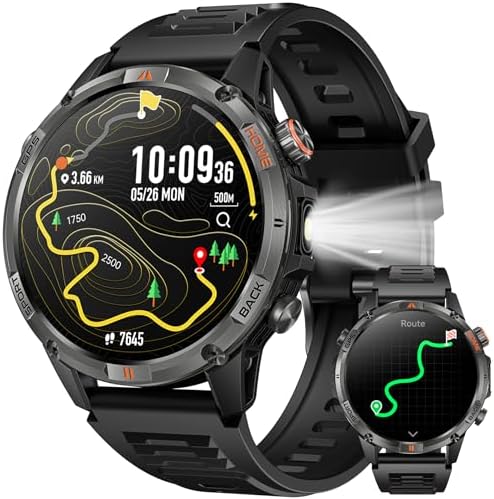 GPS Smartwatch Men's Watch with Calls: 1.46 Inches Large Round Screen Military Smart Watch Fitness Sport Compass Flashlight Heart Rate Monitor Pressure Sleep Waterproof Health Watches for Android iOS