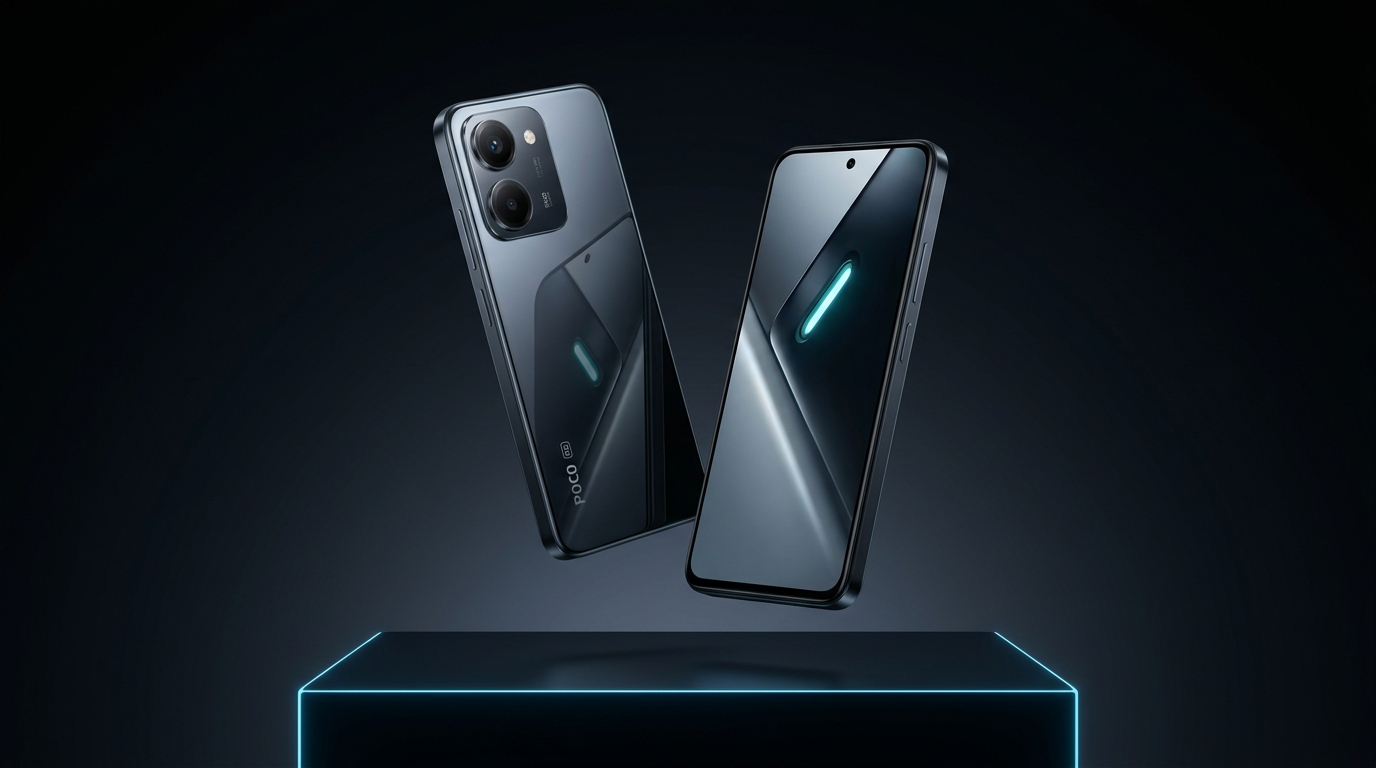 Smartphone POCO X8 Pro 5G in primo piano su sfondo tecnologico