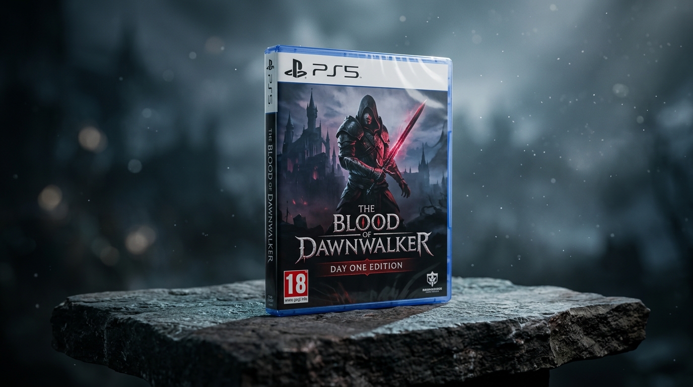 Custodia di The Blood of Dawnwalker Day One Edition per PS5 su sfondo dark fantasy